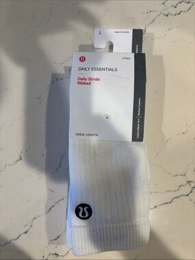 lululemon Daily Essentials White Ribbed Crew Socks, 3-Pack, Sz L, NWT